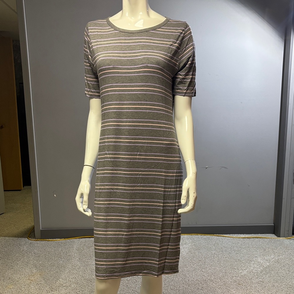 LuLaRoe Julia - Striped Gray and White Dress - Size L